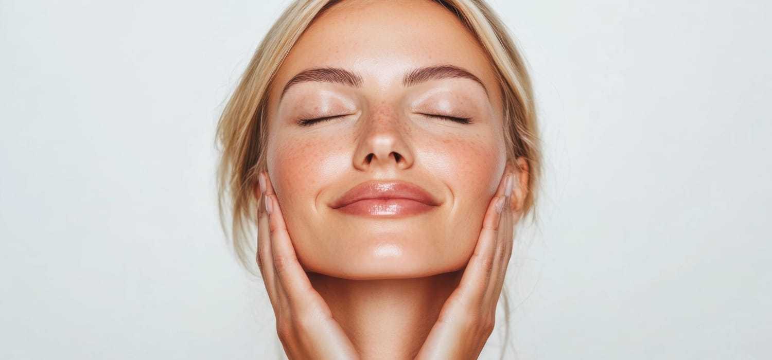 Woman smiling with eyes closed, hands on cheeks, showcasing clear, radiant skin.