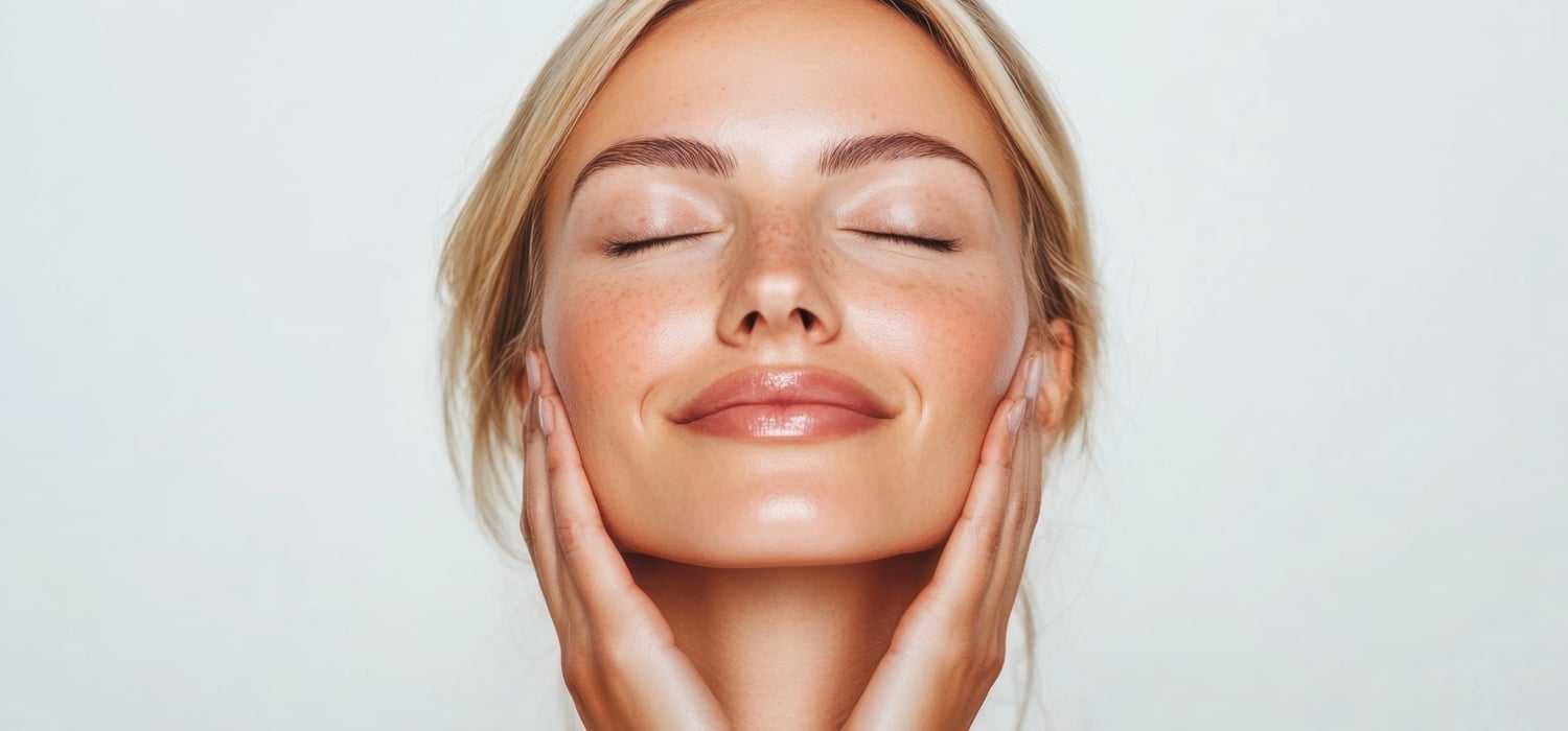 Woman smiling with eyes closed, hands on cheeks, showcasing clear, radiant skin.