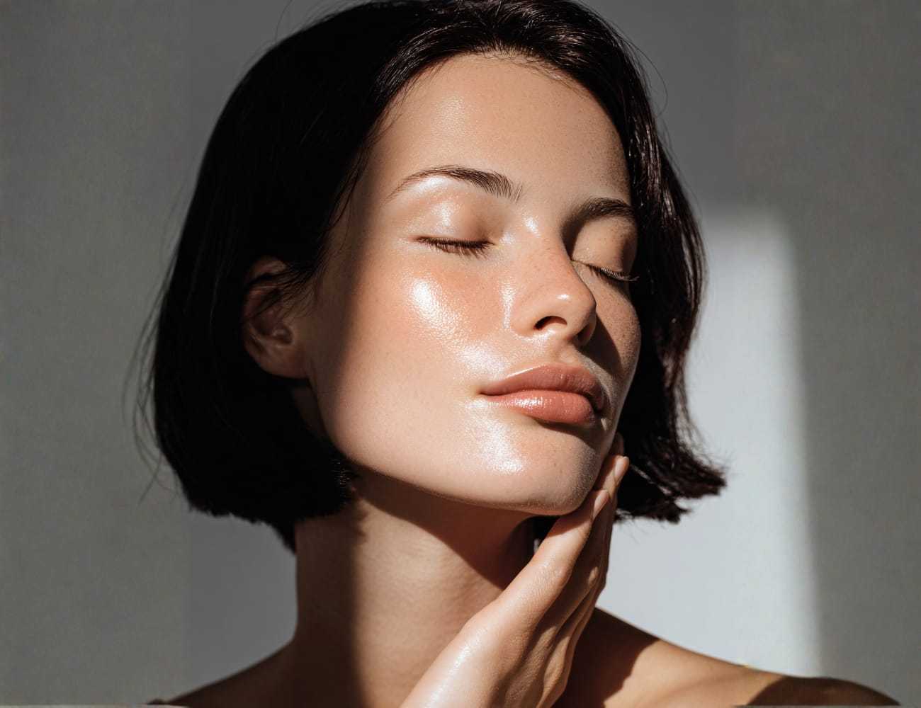 Young woman with glowing skin, eyes closed, touching her face in natural light.